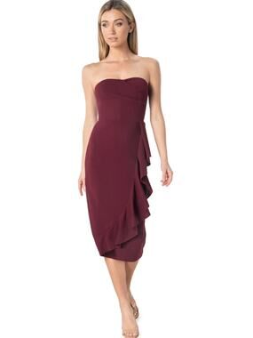 DRESS THE POPULATION Liv Midi Dress XS Red Burgundy Strapless Ruffle Bodycon NWT